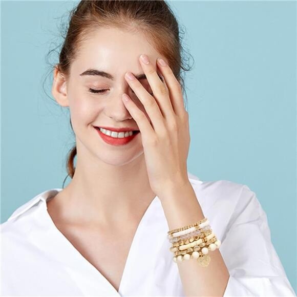 Womens Boho Beaded Bracelets Stackable Clay Surfer Stretch Gold Layering Jewelry - Picture 5 of 8